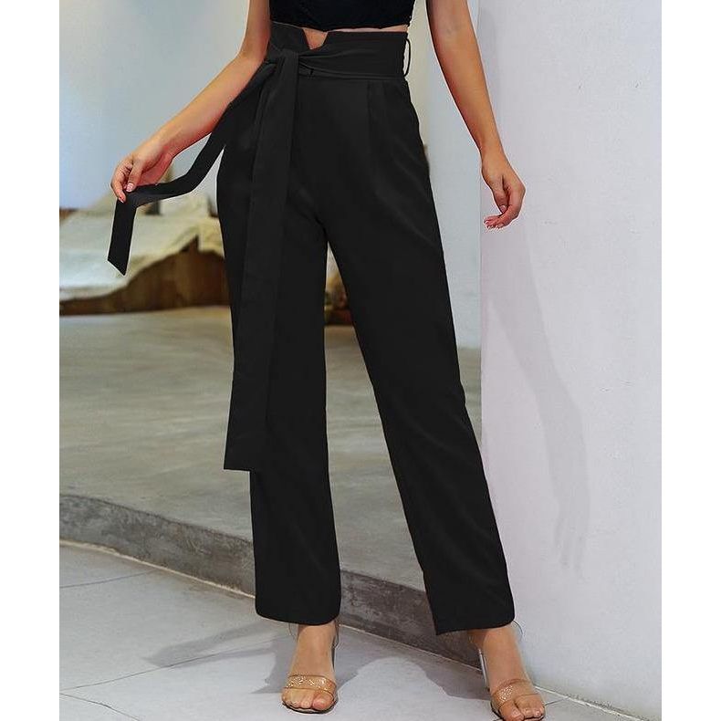 Notched Waist Belted Fold Pleat Pants.