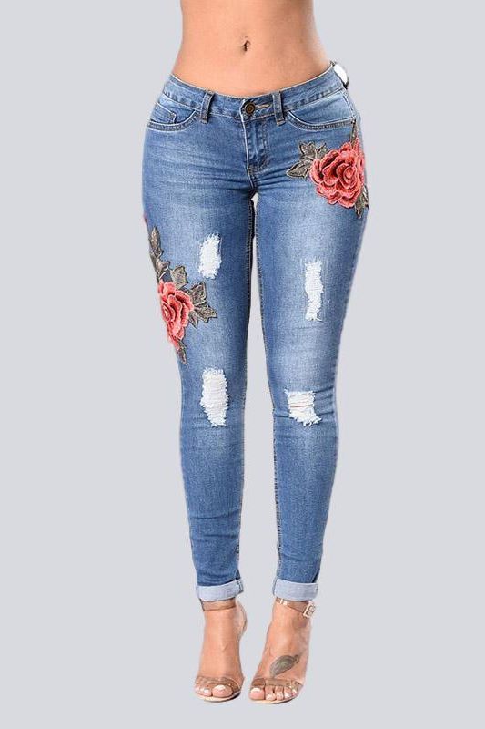 Stretch Embroidered Ripped Jeans - The Woman Concept