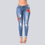 Stretch Embroidered Ripped Jeans