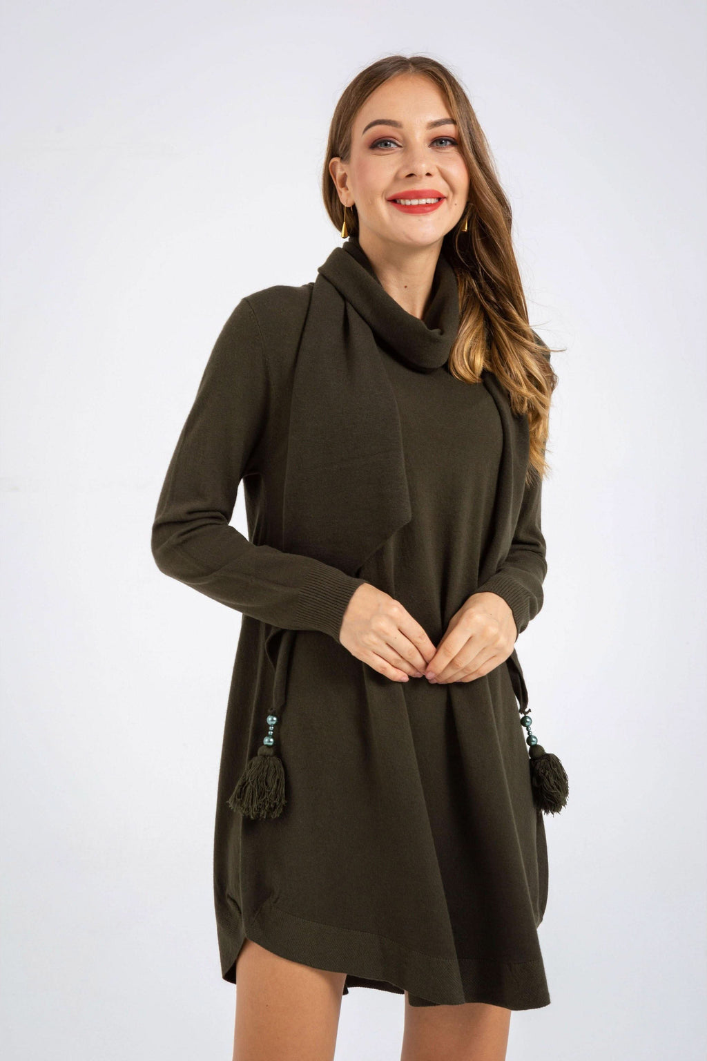 Long Sleeve Sweater Dress and Scarf - The Woman Concept