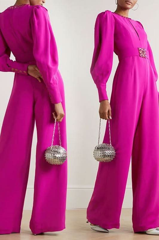 Magenta voluminous sleeves crepe jumpsuit - Detail