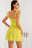 Yellow Chiffon Ruffle Hem Skater Dress.