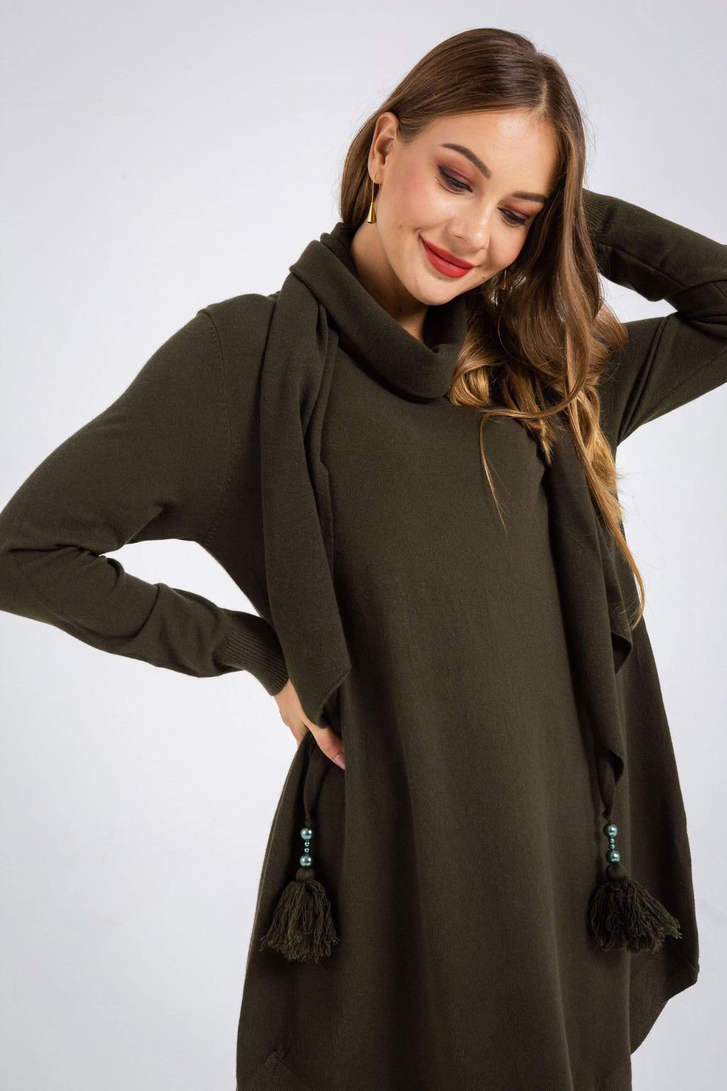 Long Sleeve Sweater Dress and Scarf - The Woman Concept