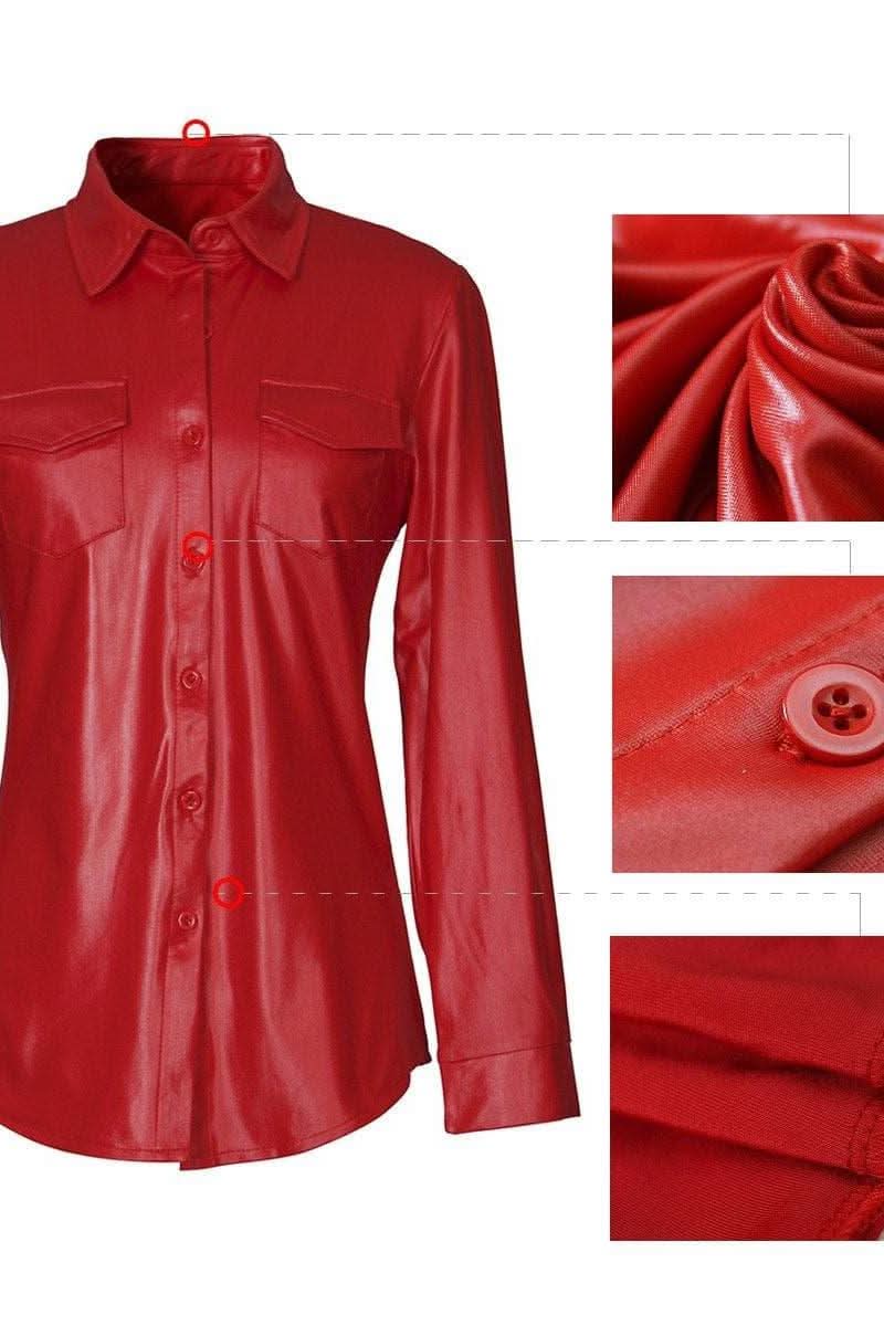 PU leather long sleeve blouse.