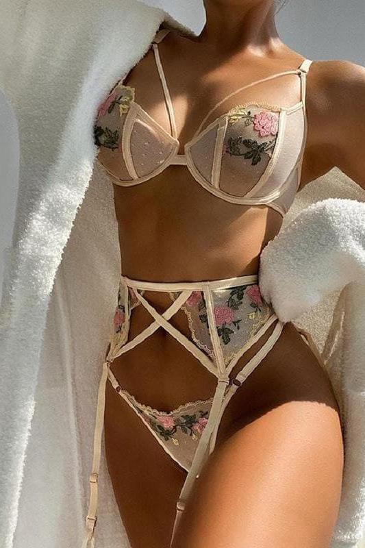 three piece sets suspender embroidered lingerie.