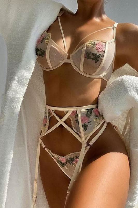 three piece sets suspender embroidered lingerie.