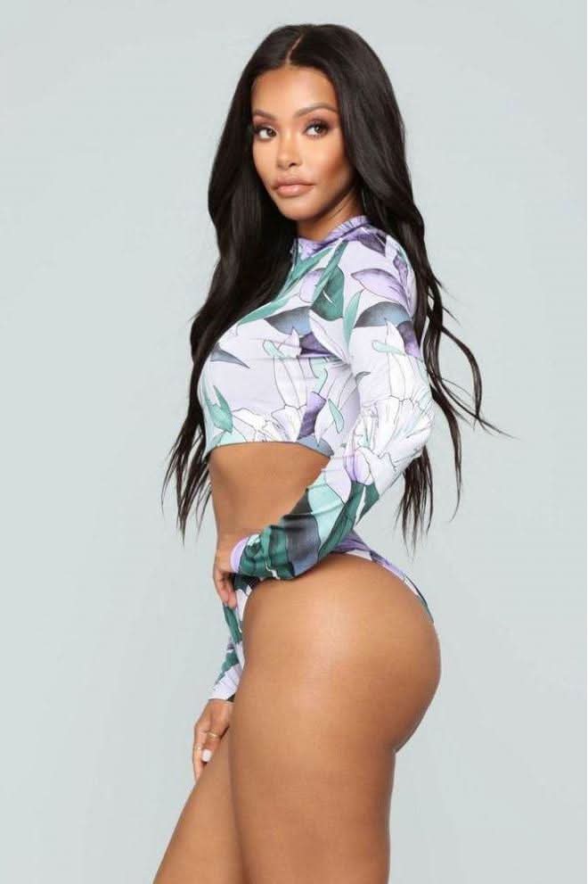 Front Zipper Long Sleeve Printed Set Swimwear.