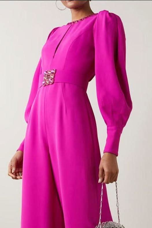 Magenta voluminous sleeves crepe jumpsuit - Side View