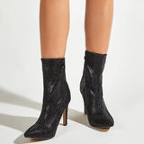 Leather Zippers Black Pointy Toe Stiletto High Heel Boot.