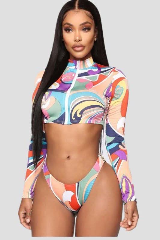Front Zipper Long Sleeve Printed Set Swimwear.