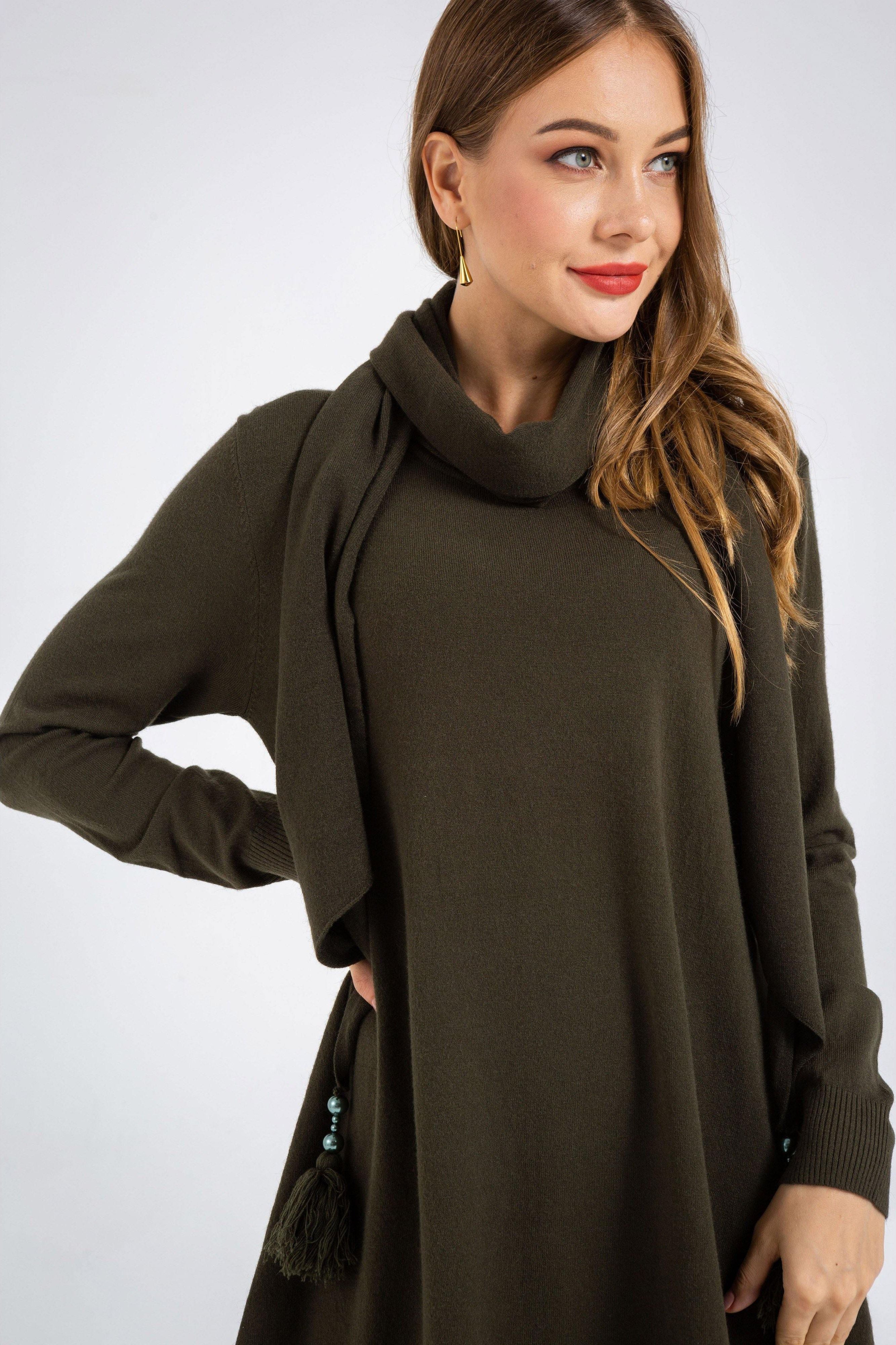 Long Sleeve Sweater Dress and Scarf - The Woman Concept