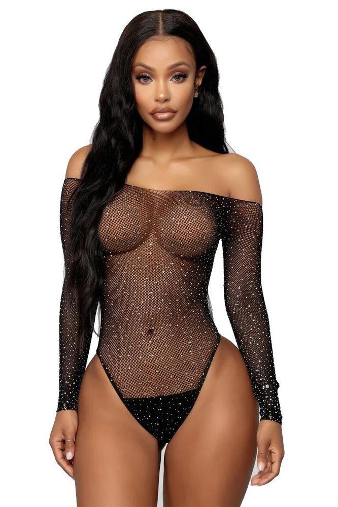 Strapless Rhinestone Mesh Stretch Bodysuit.