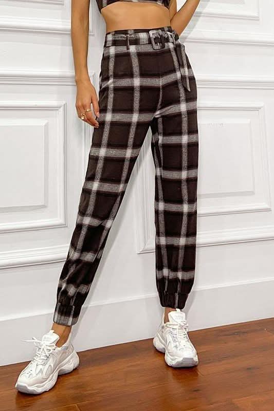 belt and buckle plaid pants.
