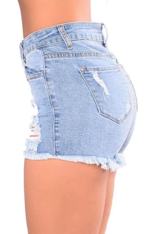 Washed Holes Fringed Denim Shorts - The Woman Concept