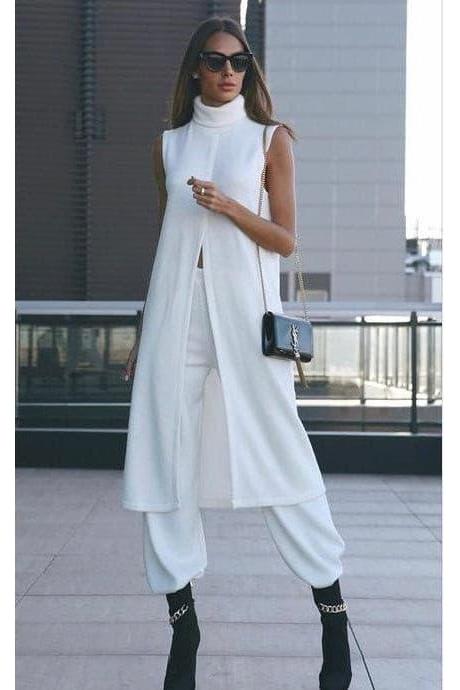 Round Neck Sleeveless Knitted Slit Front Dress.