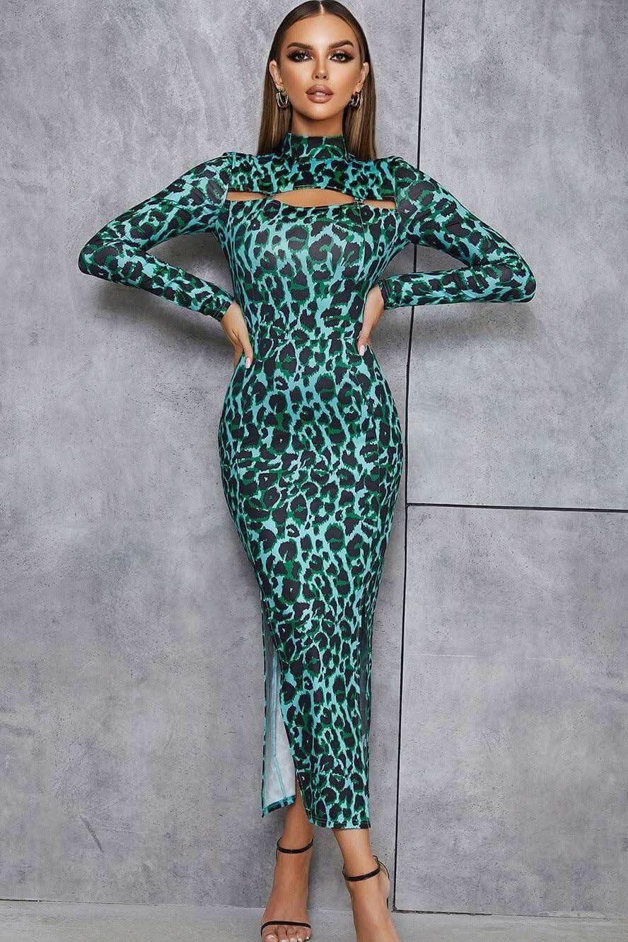 Hollow Leopard Print Thin Body-fitting Long Bandage Dress - Side View