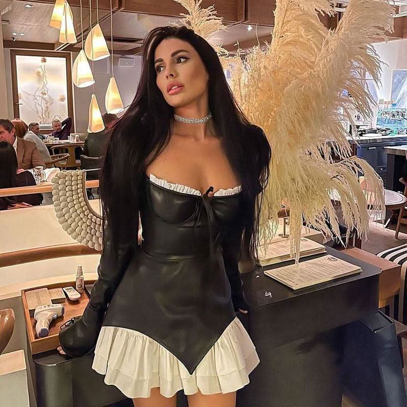 Unique Low-Cut Lace-Up Ruffle Black Leather Dress – The Woman Concept
