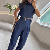 Casual Belt Decorative High-neck Short-Sleeved Suit