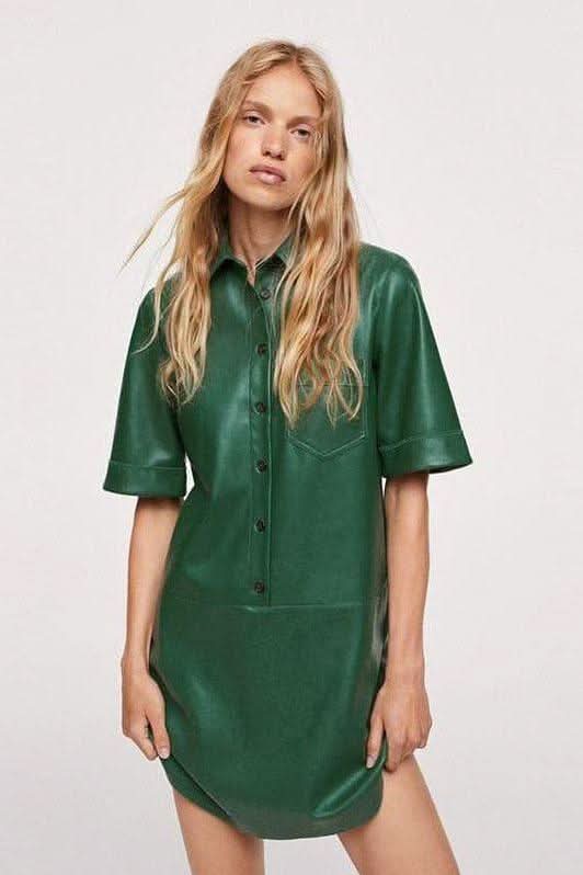 PU leather short-sleeved green mini dress.