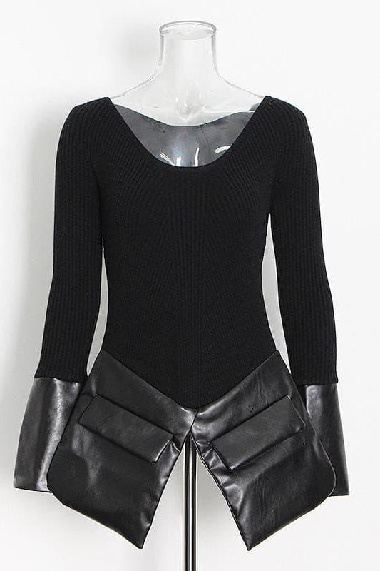 Irregular stitching knitted leather round neck slim sweater.