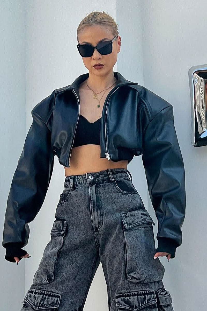 American Black motorcycle style short jacket - Front View