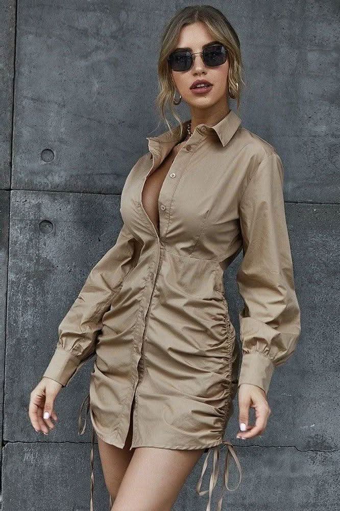 Shirt dress V-neck side pleated lace-up dress - Image 4