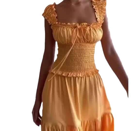 French yellow pleated U-neck dress - Image 6