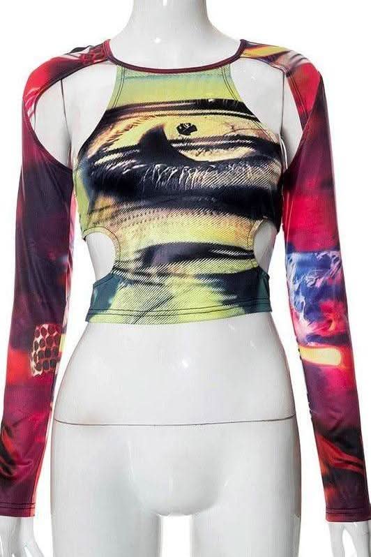 American print navel-cut long-sleeved T-shirt - Image 6