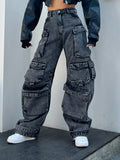 Old stitching multi-pocket smoke gray loose jeans