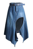 High waist stitching irregular denim skirt