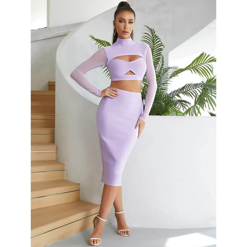 Hollow mesh long-sleeved slim skirt Dress - Front View
