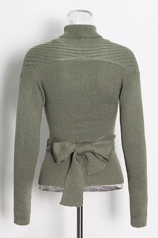 Hollow high neck tie elastic slim short sweater - Detail