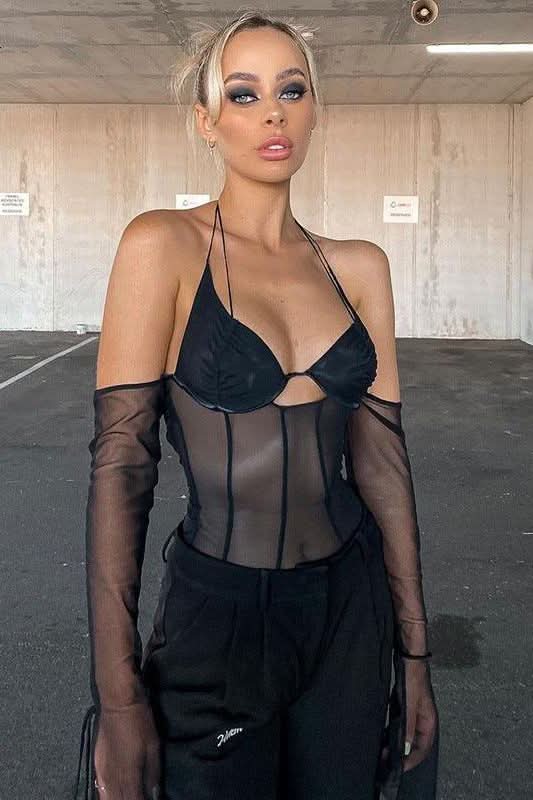 Mesh long-sleeved chest-wrapped Top - Front View