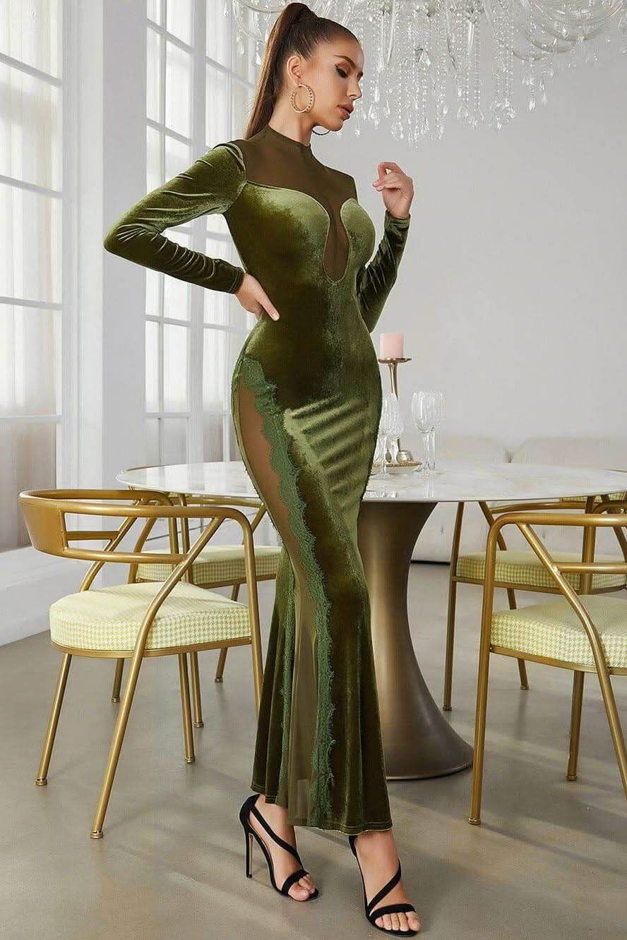 Velvet splicing mesh slim long-sleeved dress - Side View