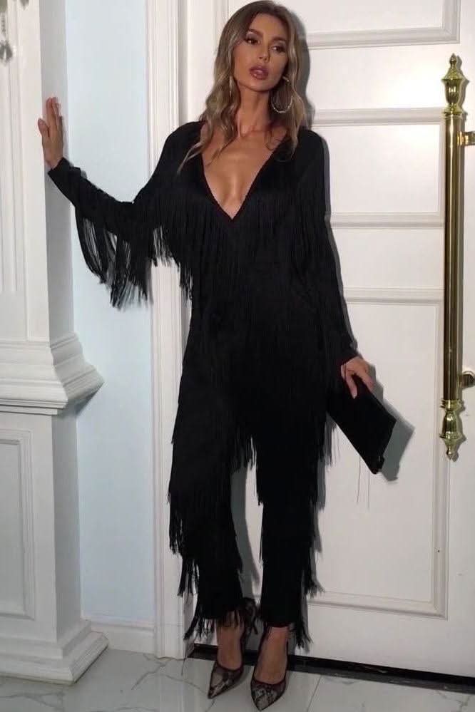 Retro deep V long-sleeved tassel elegant jumpsuit - Image 4