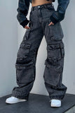Old stitching multi-pocket smoke gray loose jeans
