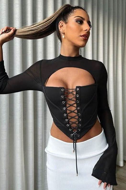 Round Neck Long Sleeve Backless Strappy Mesh Bodycon Top - Front View