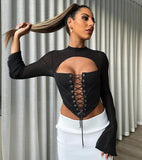 Round Neck Long Sleeve Backless Strappy Mesh Bodycon Top