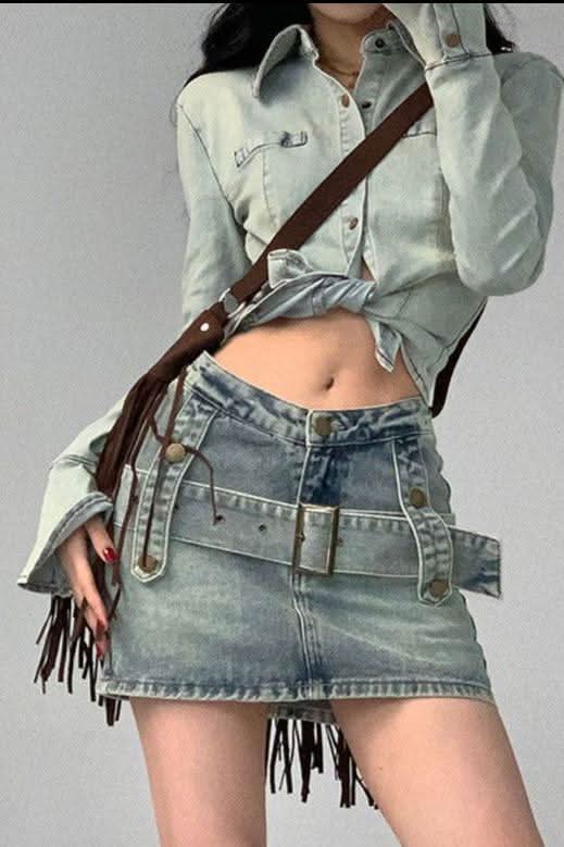 Retro American Denim Mini Skirt - Front View