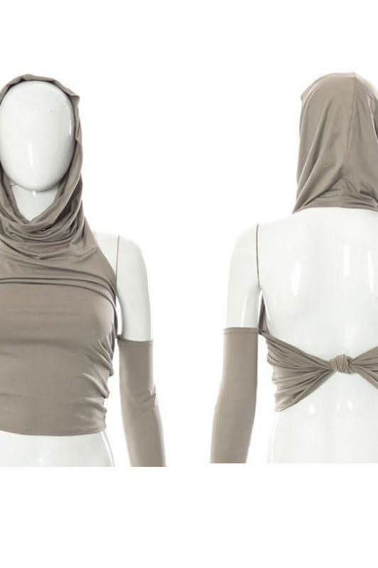 Cropped backless single-sleeve hooded slim top - Image 10