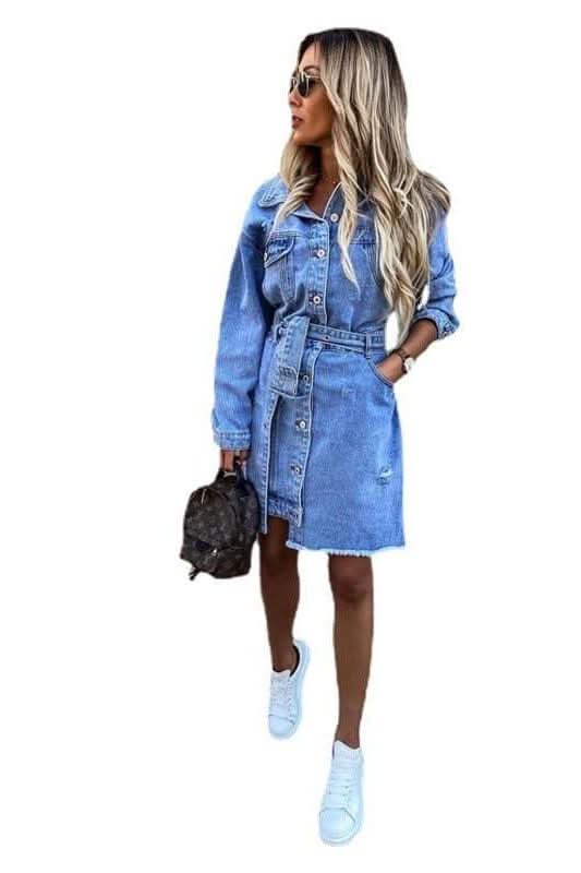 Denim belt pocket slim dress - Image 4