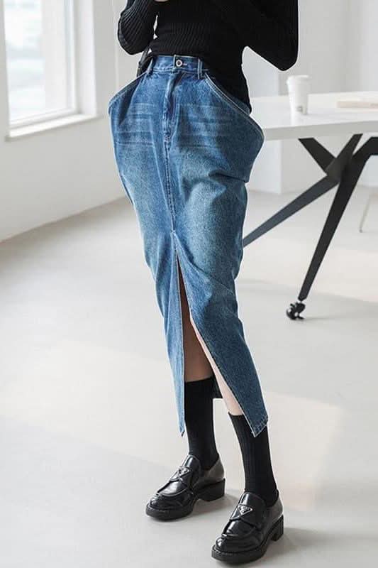 Street Style Long Inverted Triangle Denim Skirt - Side View