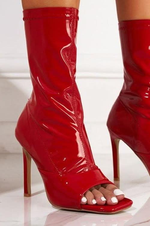 Open toe stiletto leather red boots heels - Front View