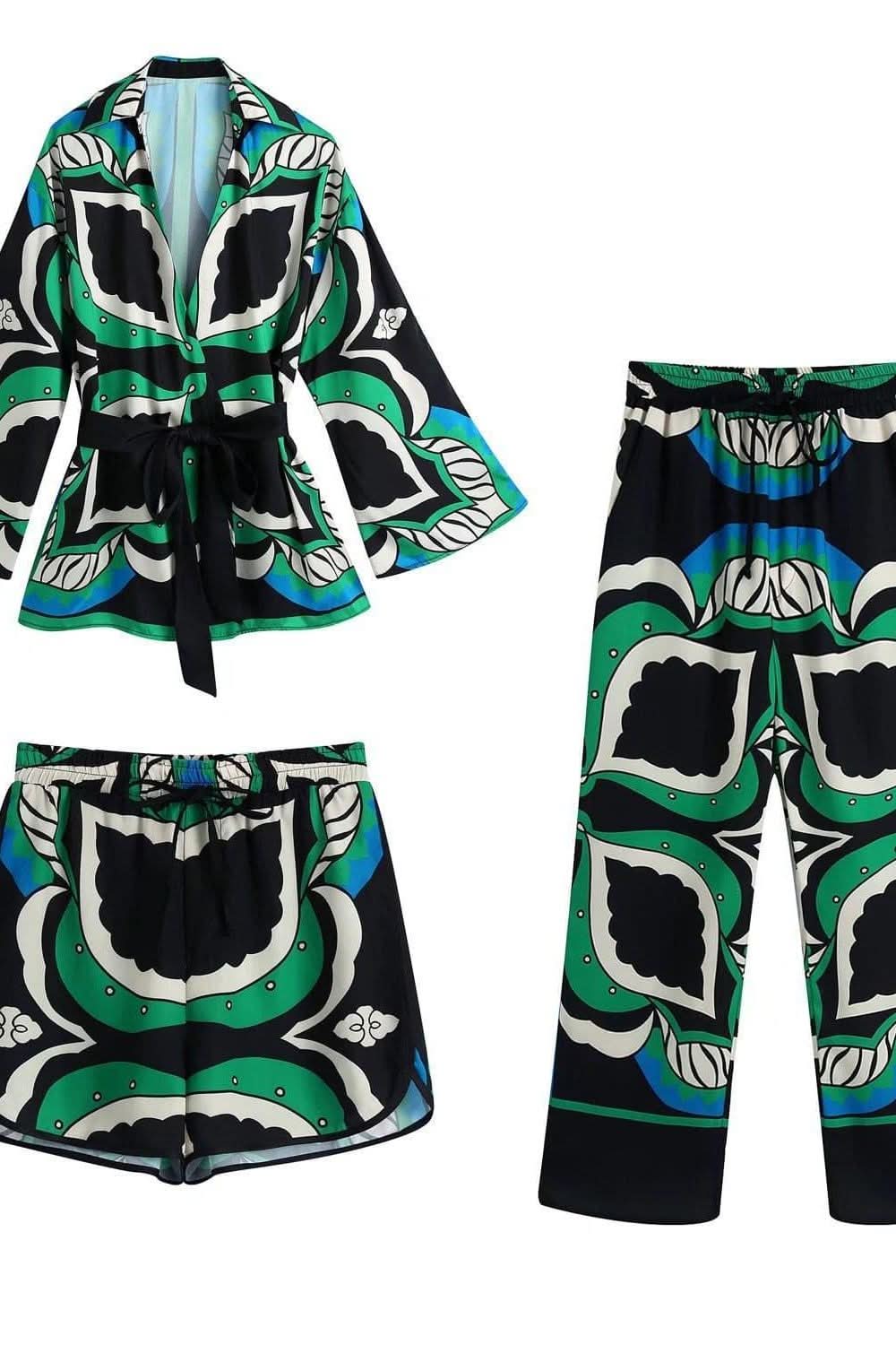 Bermuda print three-piece long-sleeved shirt loose suit - Detail