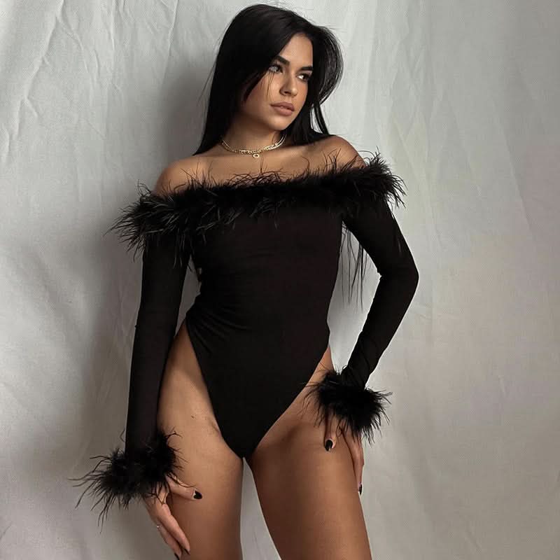 Slim Hairy One-shoulder Long-sleeved bodysuit - Side View