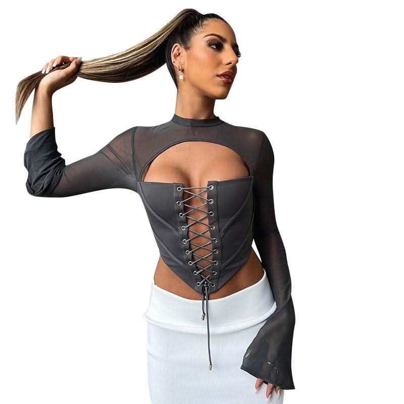 Round Neck Long Sleeve Backless Strappy Mesh Bodycon Top - Image 8