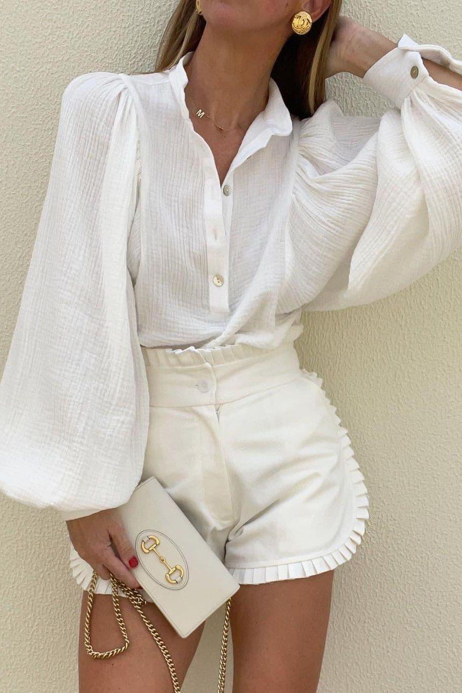 Wrinkled Cotton And Linen Lantern Sleeve Shirt