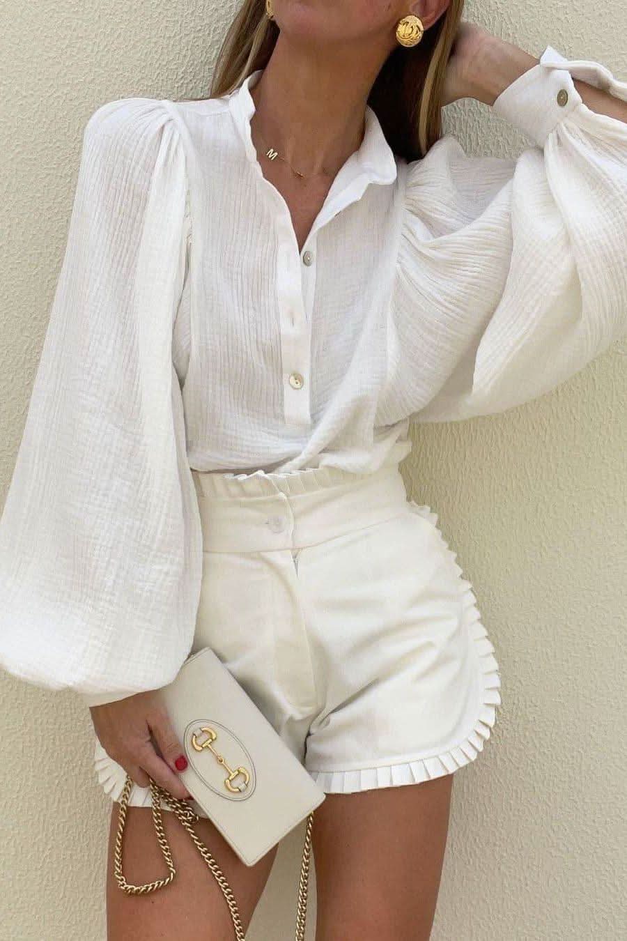 Wrinkled Cotton And Linen Lantern Sleeve Shirt