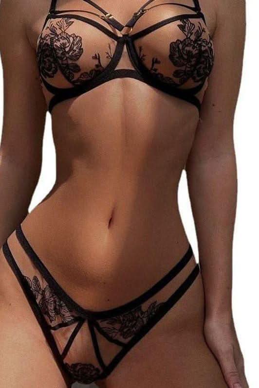 Lace split garter three-piece black set - Detail