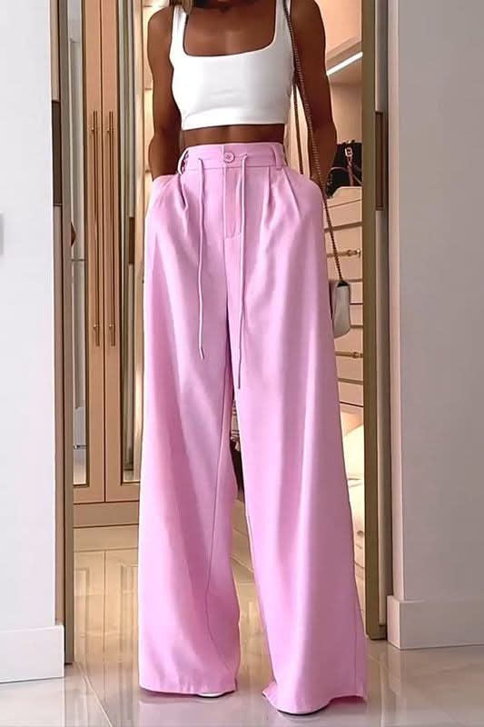 Loose Pink Long Pant and white Crop Top - Side View